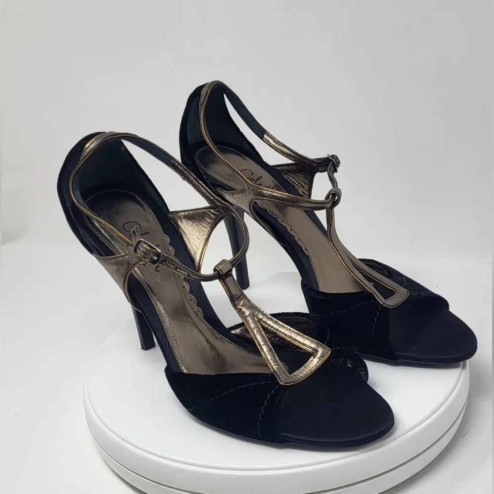 Cole Haan Black Velvet & Brassy Gold Open Toe Stilletto T-Strap Heels - Picture 4 of 16
